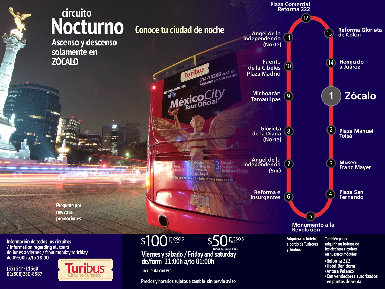 MAPA DE CIUDAD DE MÉXICO FÁCIL 2026 13 turibus tour nocturno cdmx